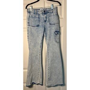 Forever 21 Premium Acid Wash Flare‎ Cargo Jeans Women Size 28x30 Low Rise Retro